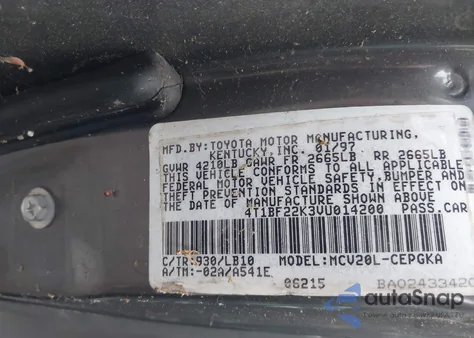 1997 Toyota Camry Xle V6 из США, поврежденный, VIN 4T1BF22K3VU014200